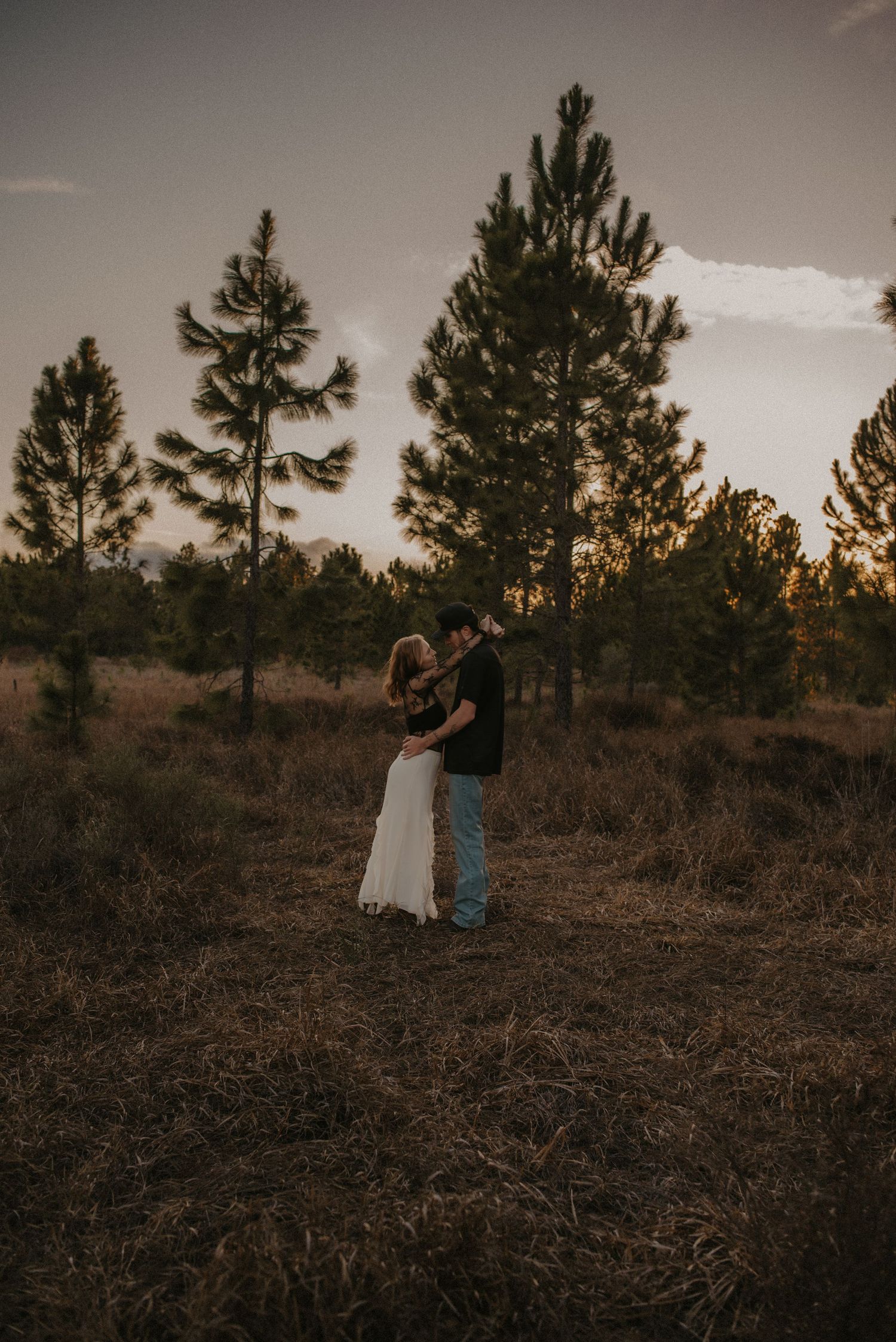 A couple embraces in a romantic sunset moment among tall pine trees in a rustic outdoor setting.