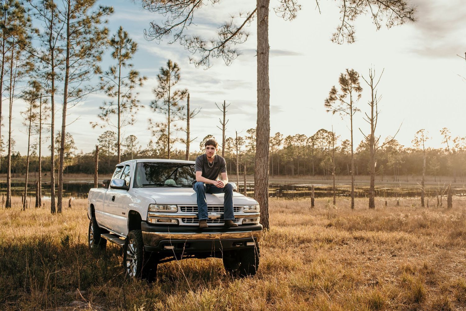 Scenic rural landscape with pine trees and a parked truck at sunset.