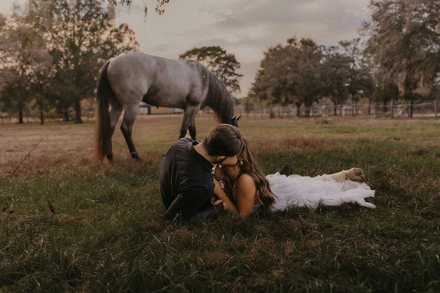 A series of moody countryside photos showing horses and people relaxing in rustic outdoor settings at sunset.