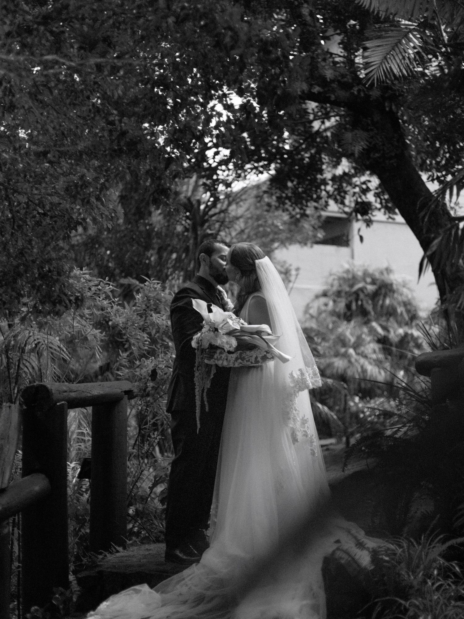 Newly wedded couple kissing in the middle of the mountain