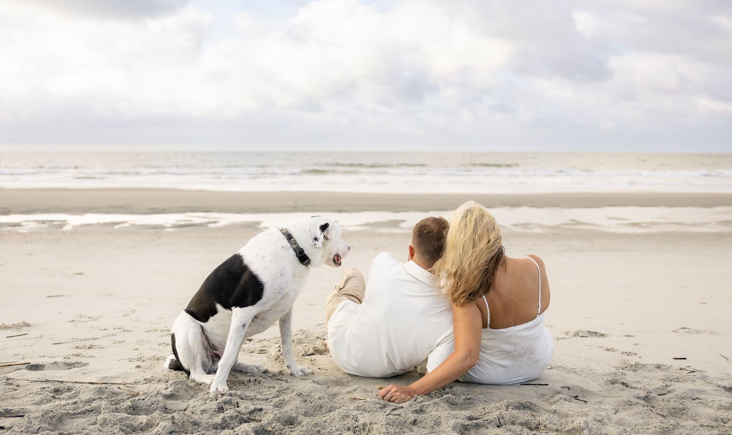 Couple sitting on sandy beach with black and white dog, looking out at ocean waves under cloudy sky.