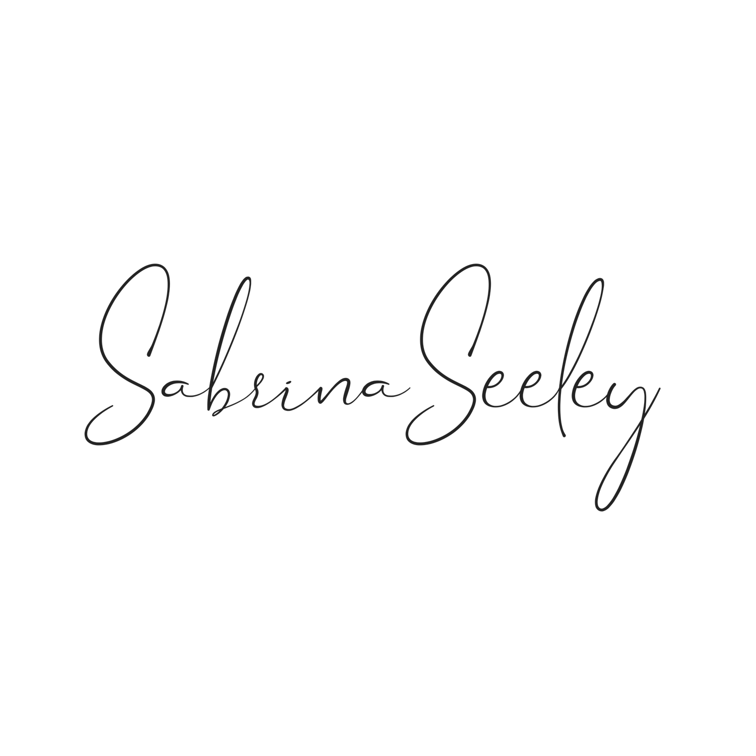 Sabrina Seeley elegant handwritten signature logo in thin black script on white background.