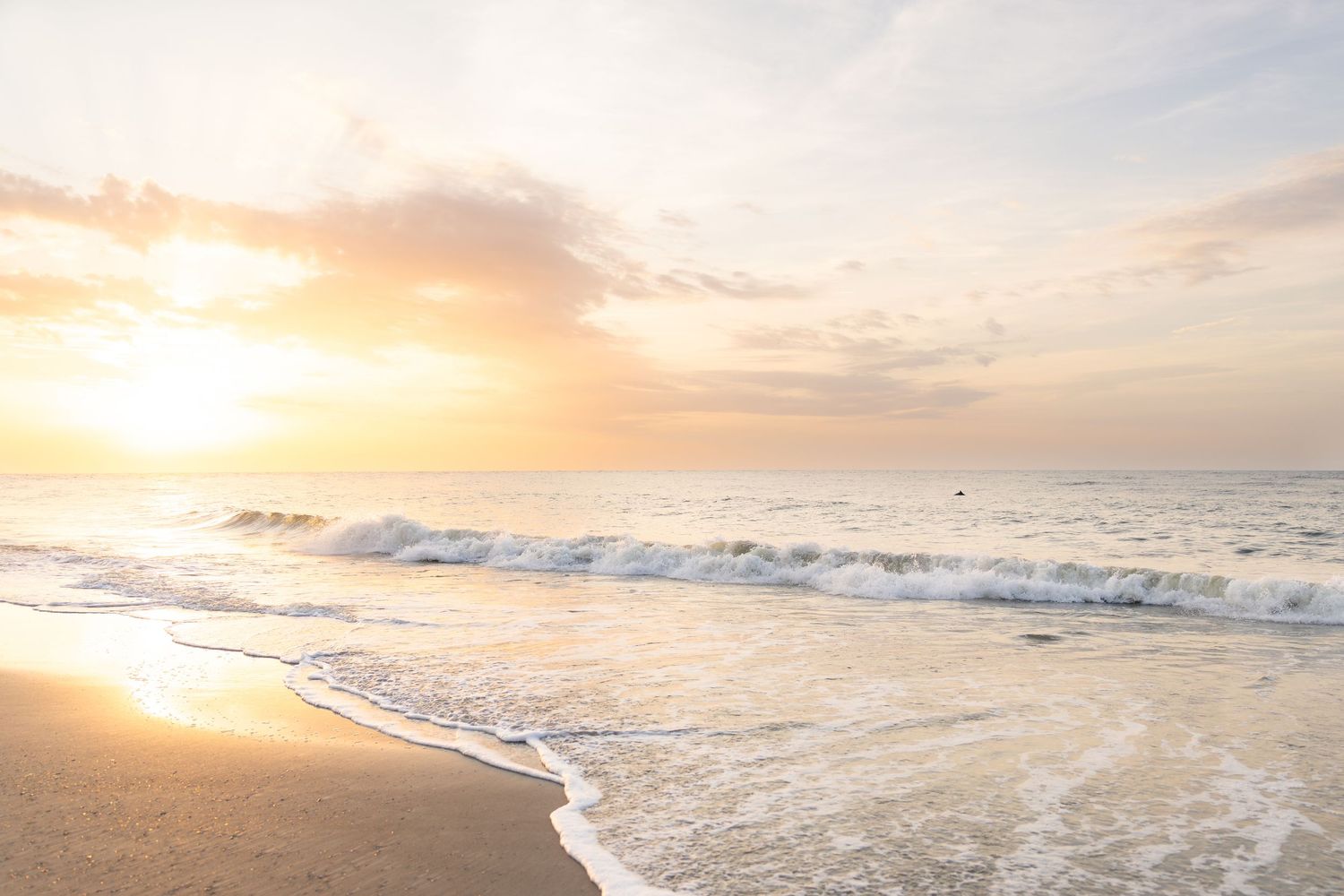 Golden sunrise over calm ocean waves gently washing onto sandy beach with soft pastel clouds in the sky.