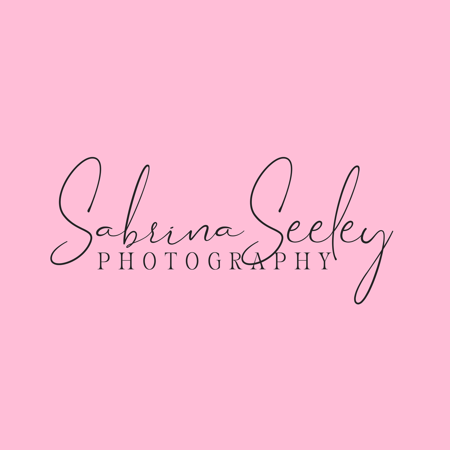Sabrina Seeley Photography logo in dark script font on a soft pink background.