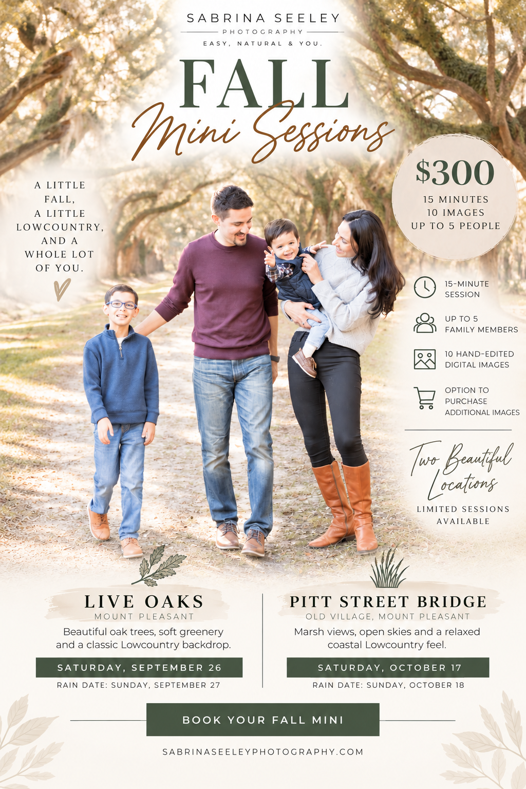Fall mini photography sessions flyer featuring a family of four outdoors among oak trees in the South Carolina Lowcountry.
