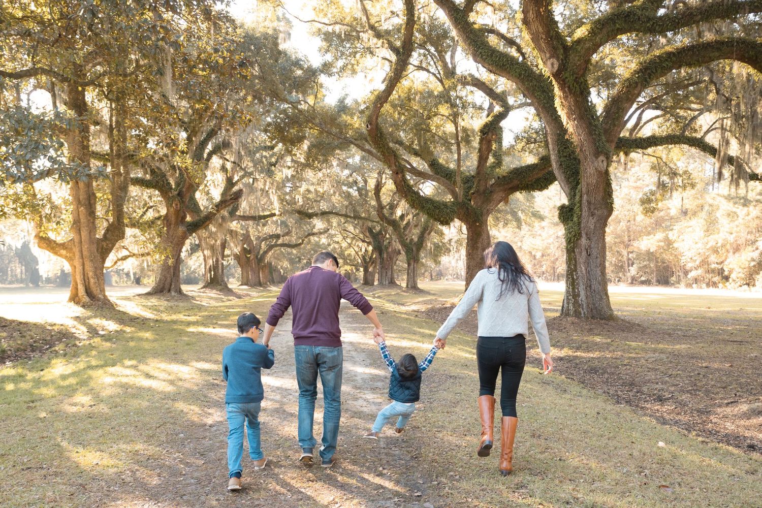 Family of four holding hands and walking away on a sunlit path beneath large live oak trees with spreading branches.