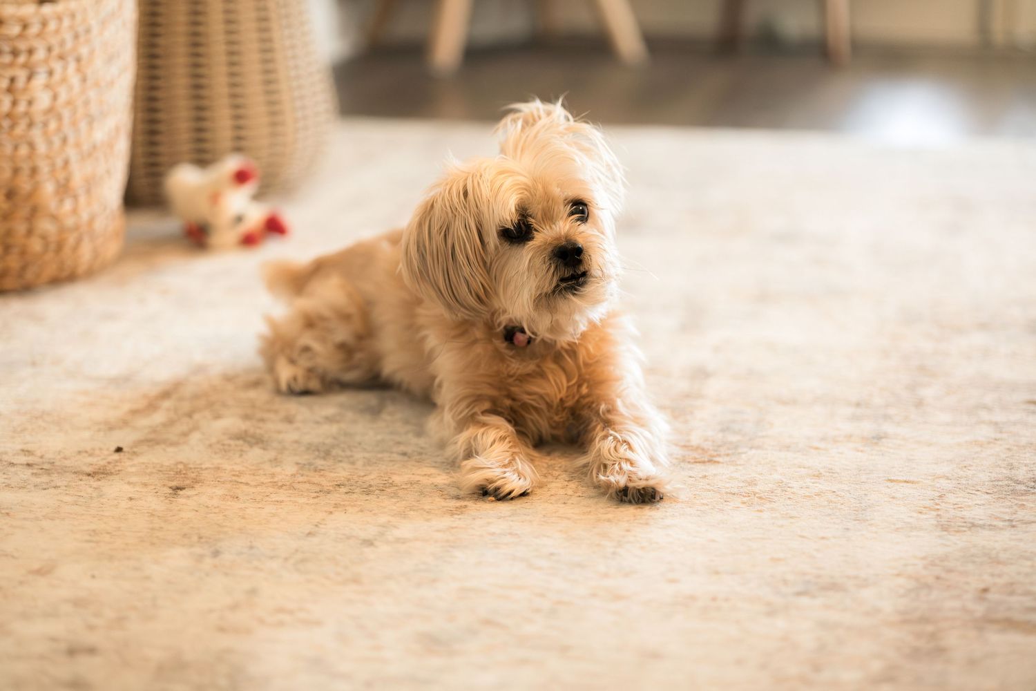 A fluffy white Maltese dog lying on a beige carpet in a cozy home interior with a toy in the background.
