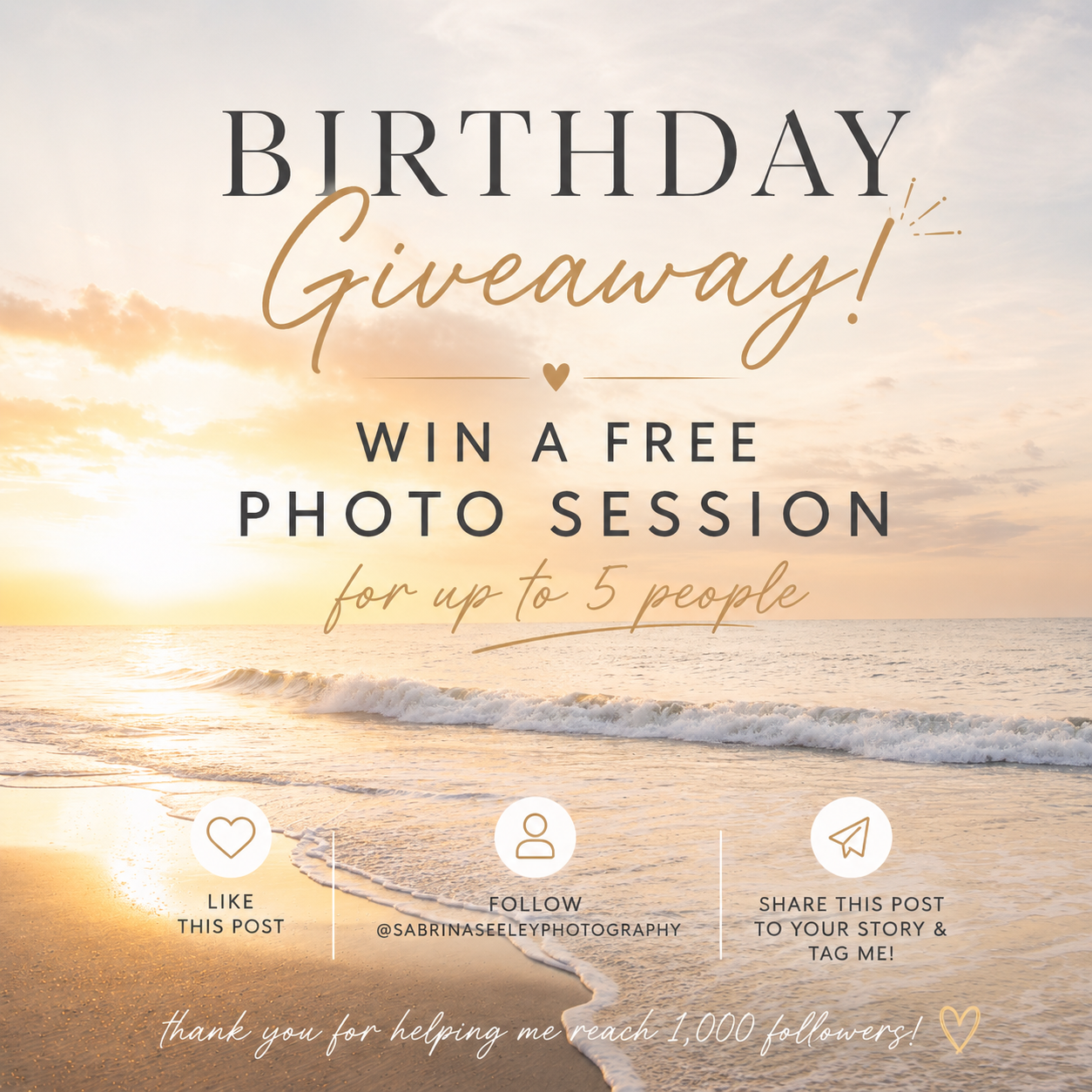 Birthday giveaway promotional post offering a free photo session for up to 5 people, with a sunset beach background.