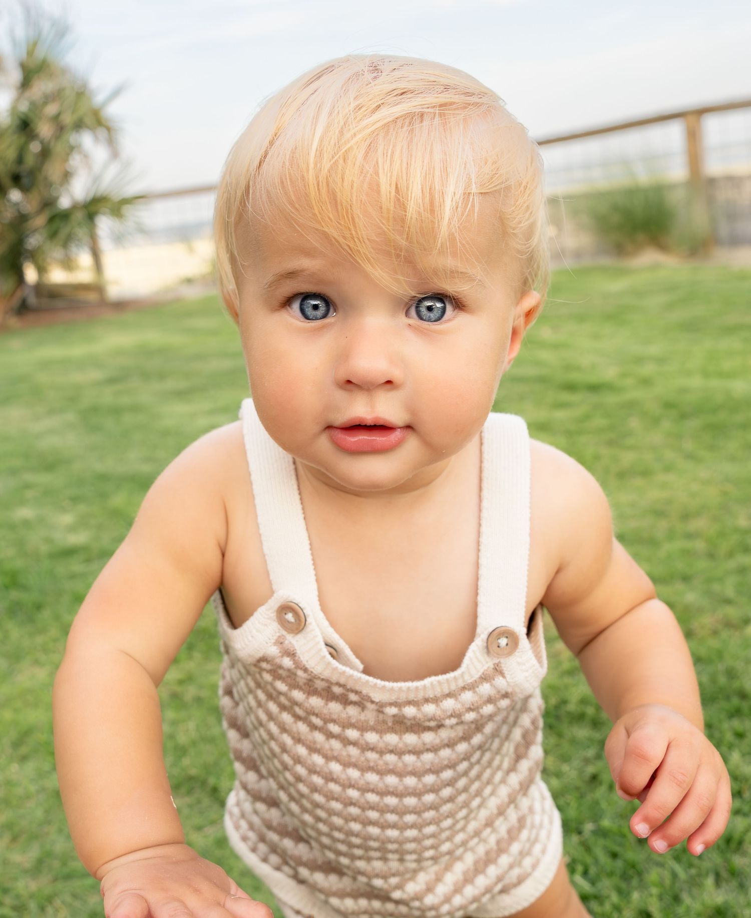 Blue-eyed toddler with blond hair wearing a beige and white knit romper while standing on a green lawn with a fence in the background.