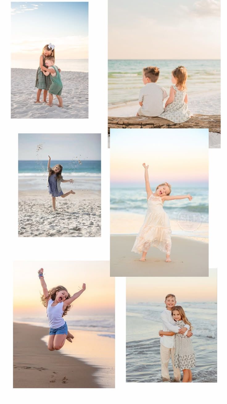 A collection of joyful beach photos showing people enjoying sunset moments on the sand and by the ocean.