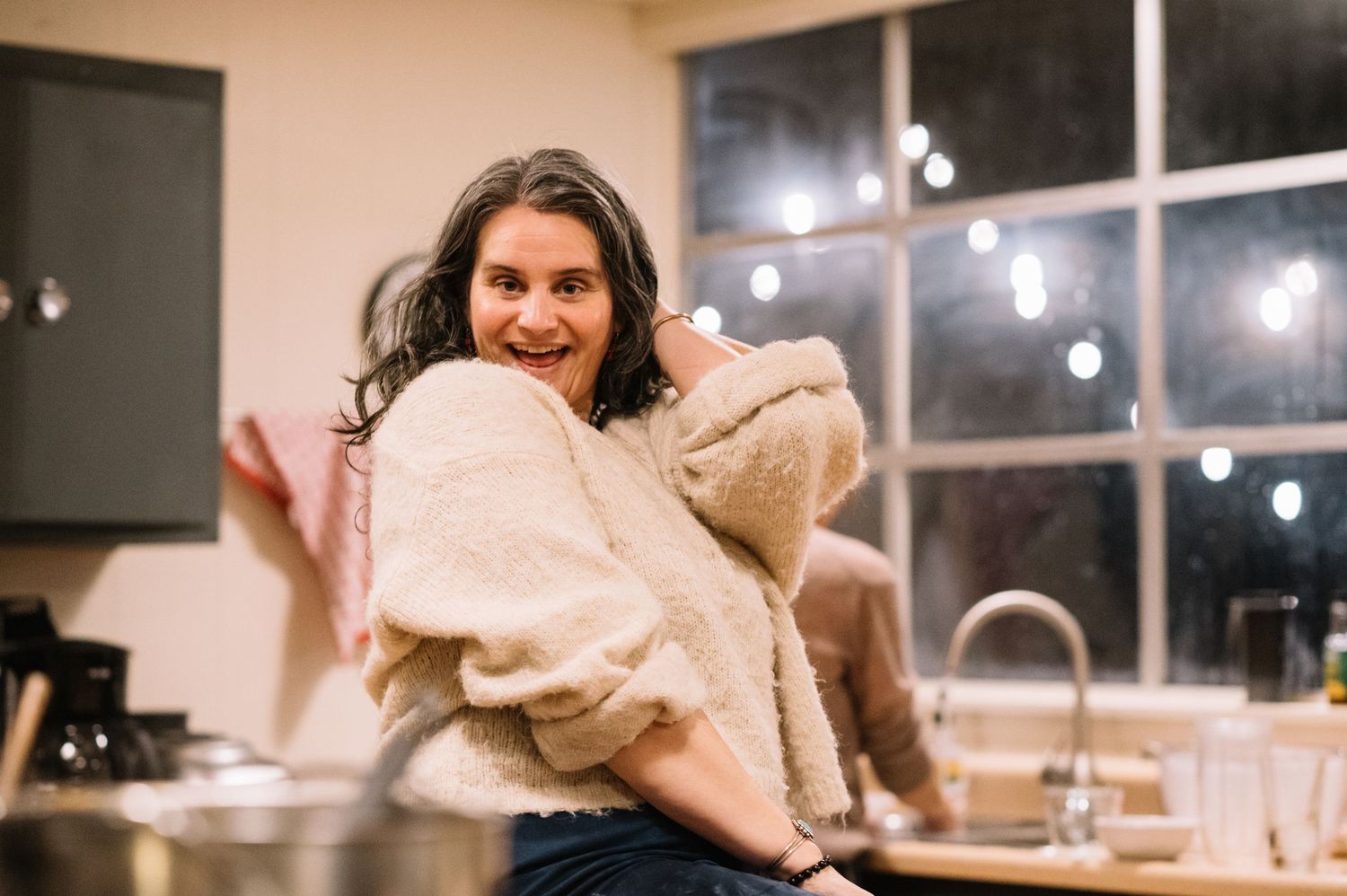 A series of candid moments captured in a bright indoor setting.