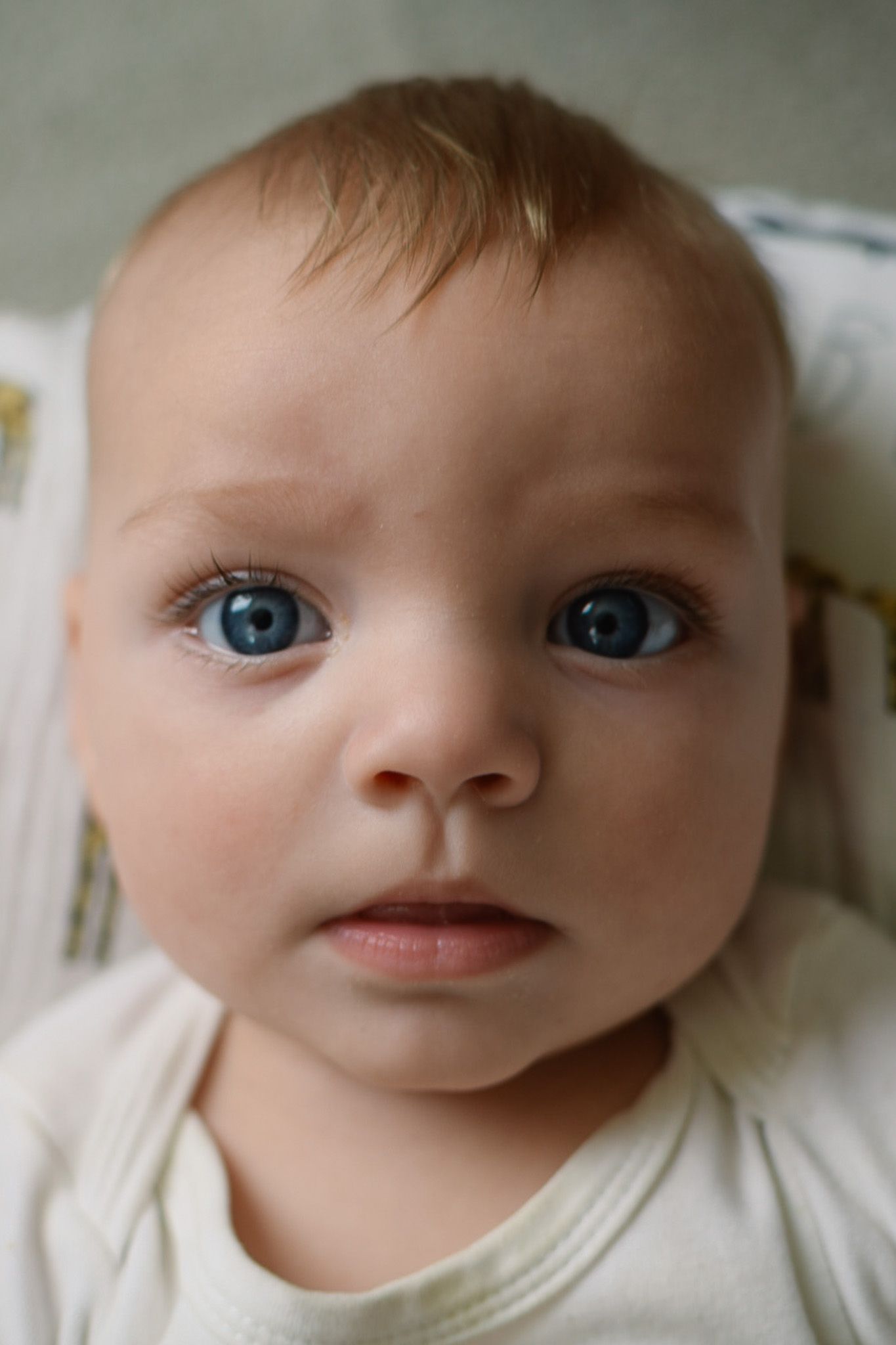 Close up portrait of an infant with striking blue eyes wearing a white onesie.