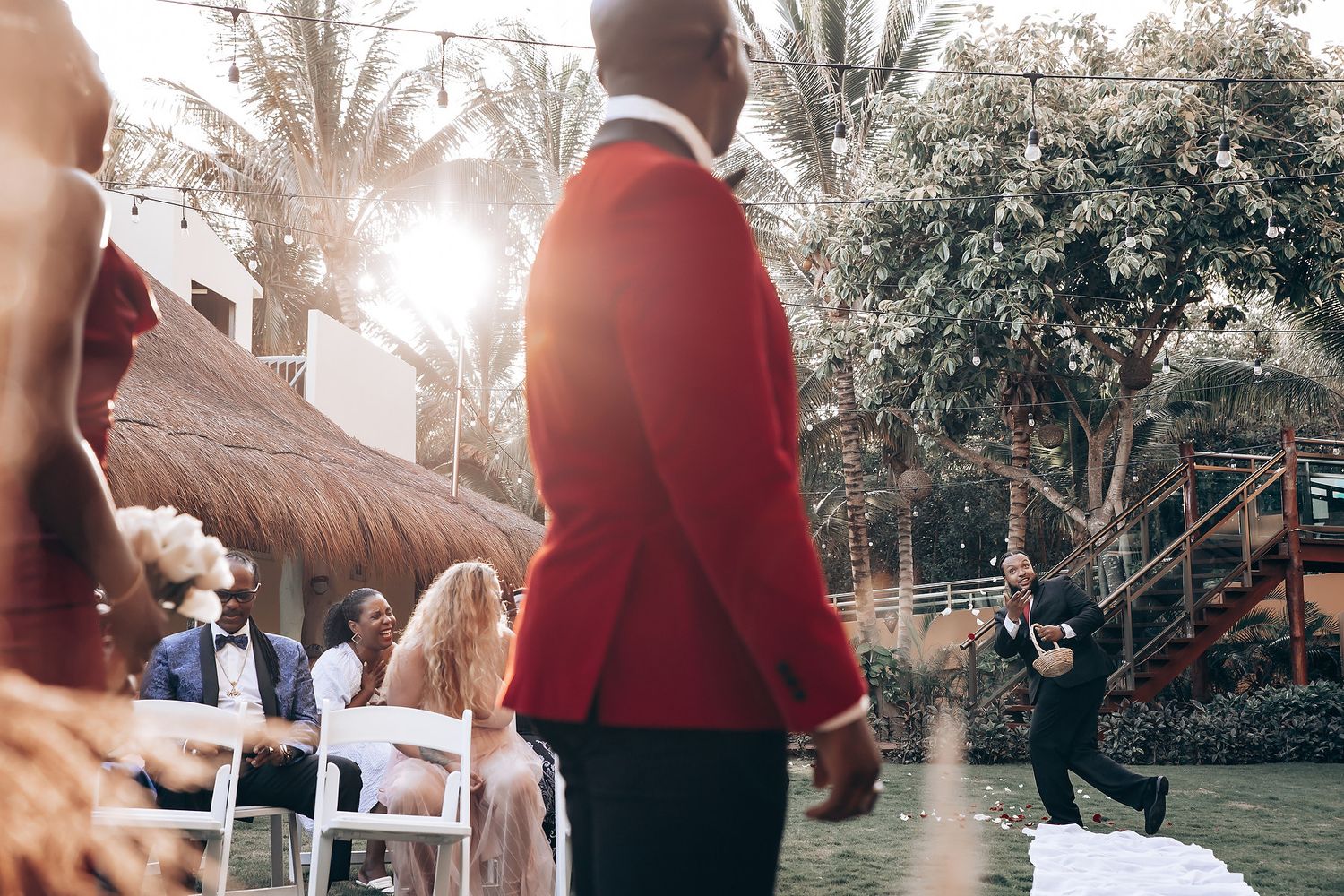 A collage of wedding moments showing couples dancing and celebrating at an outdoor reception.