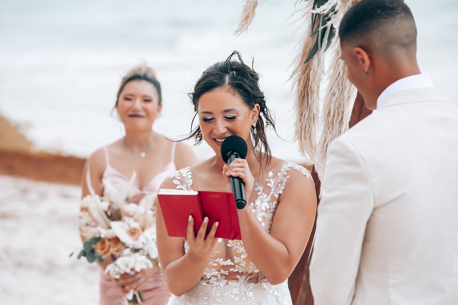 Emotional wedding moments captured in a series of candid photographs showing reactions and embraces on a sunny day.