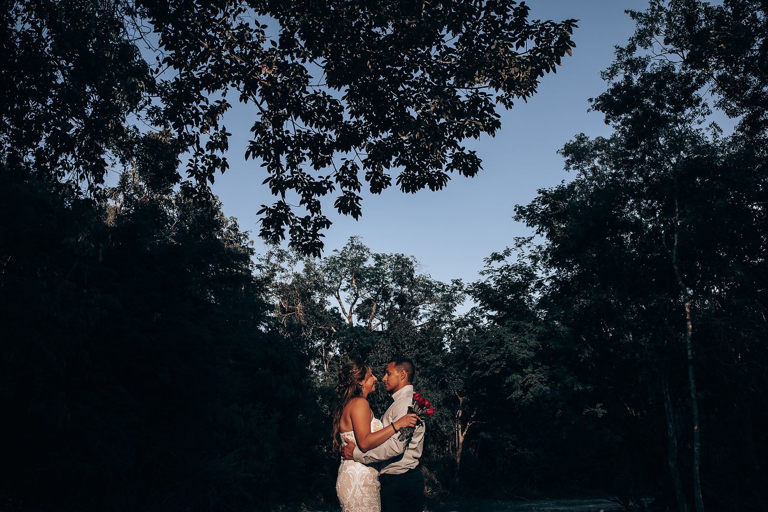 Romantic outdoor wedding photoshoot at dusk with trees silhouetted against the darkening sky.