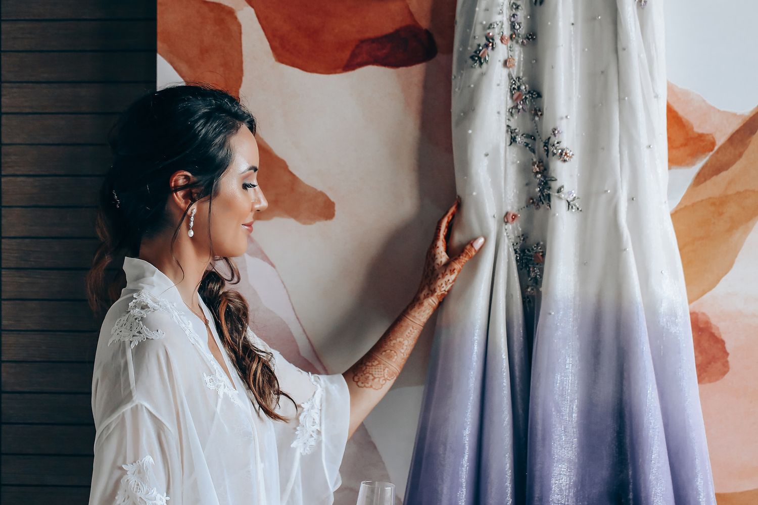 A series of wedding preparation moments showing a white dress, bride getting ready, and final bridal details.