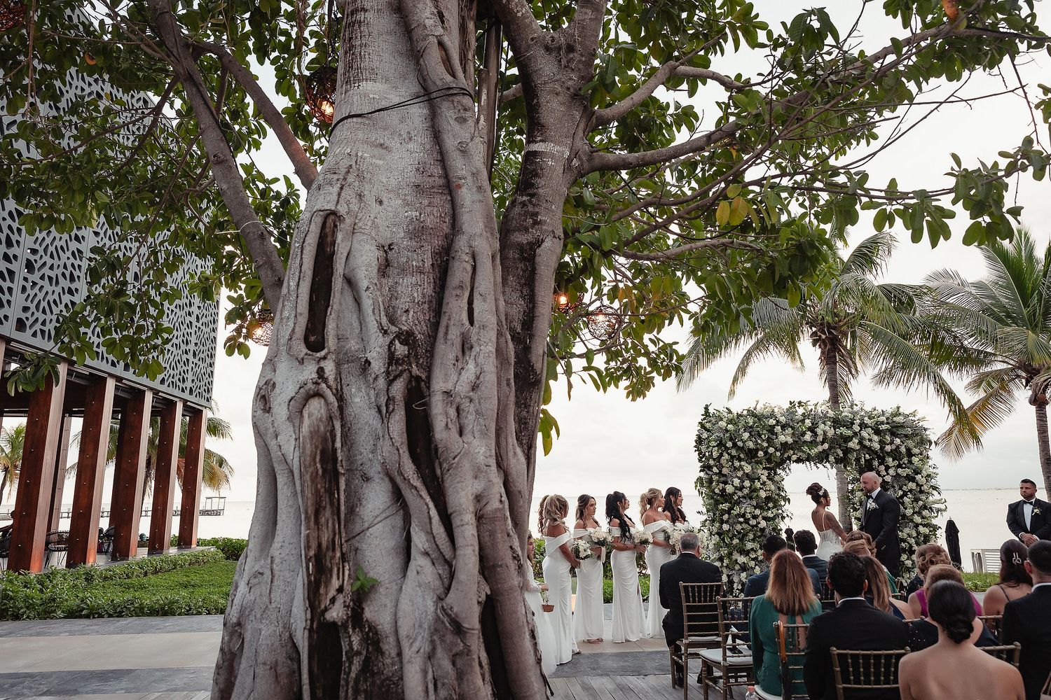 Rustic outdoor wedding ceremony setup under a large tree with wooden chairs and floral decorations.