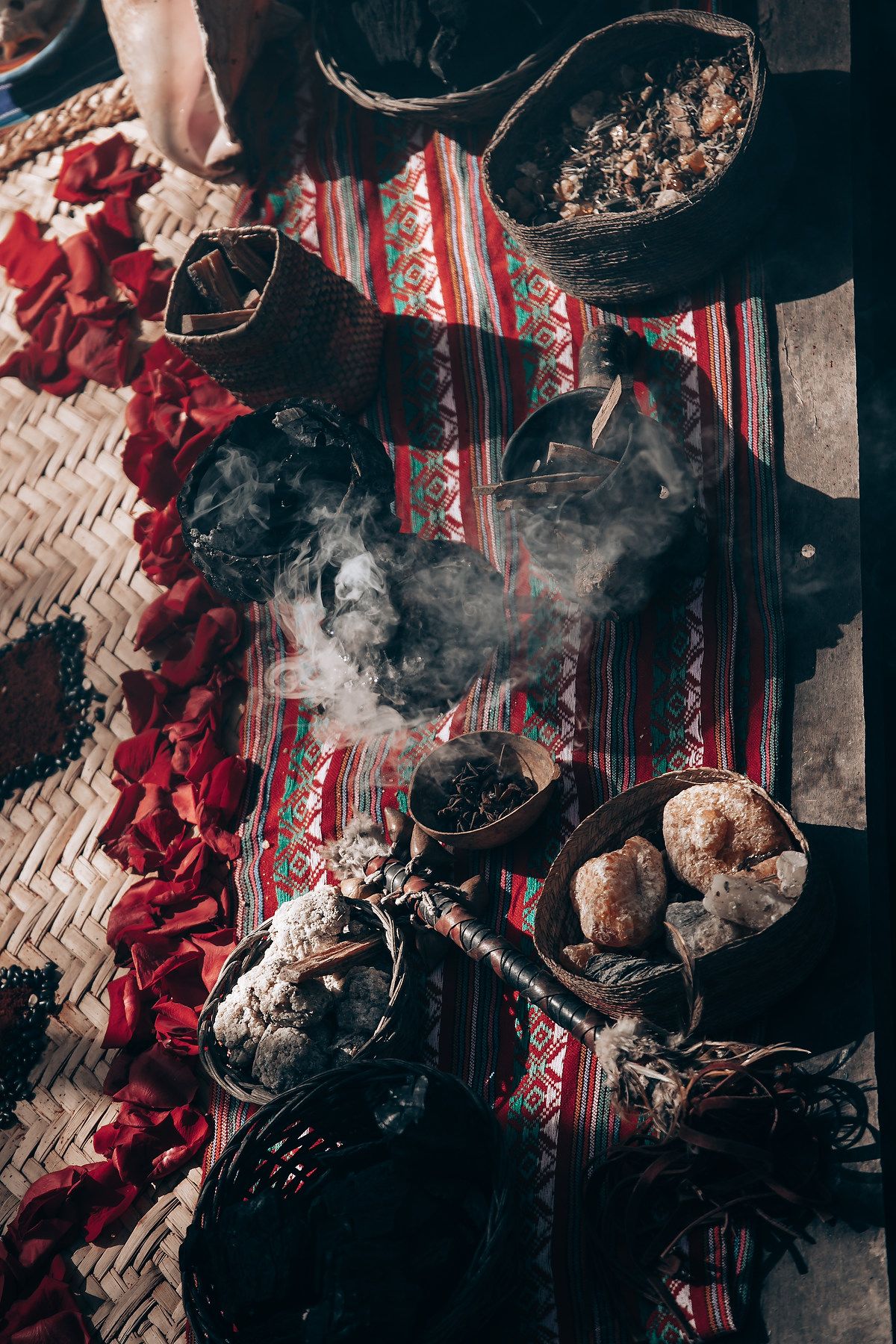 Artistic dark portrait series with billowing smoke effects against textured backdrop with red floral accents.