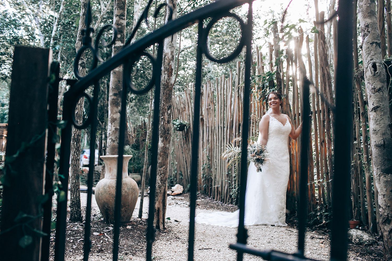 Wedding photography series in a wooded area with tall pine trees creating a natural backdrop.