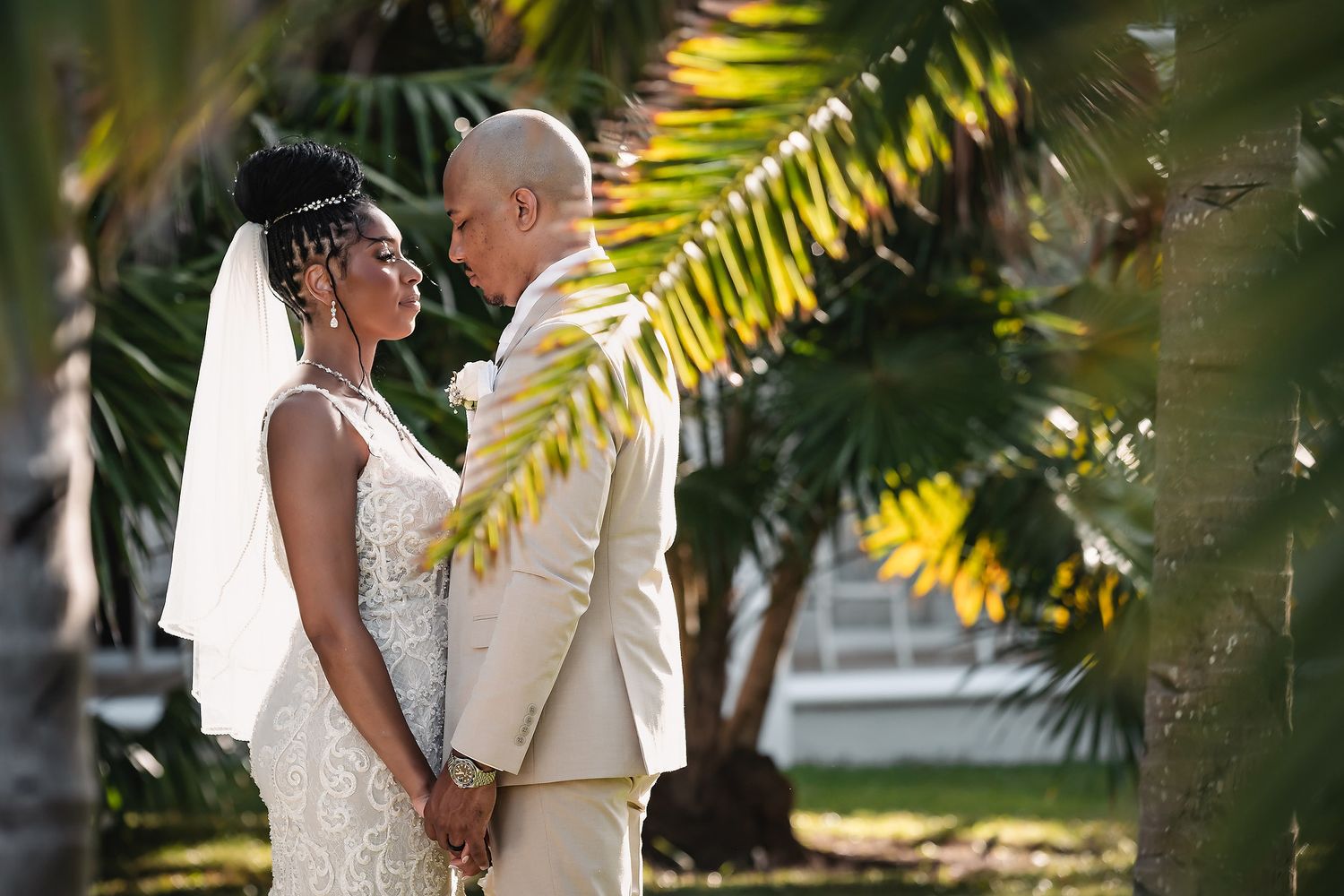 A couple shares an intimate moment among palm fronds at a tropical destination wedding.
