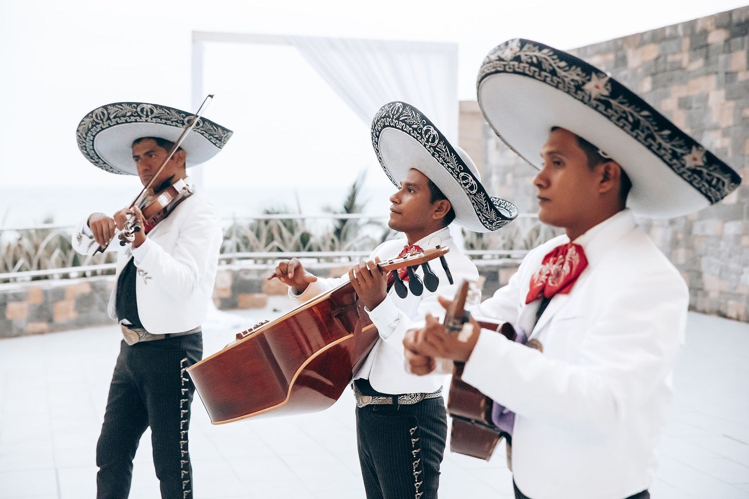 Mariachi band members in traditional white suits and sombreros perform with instruments.