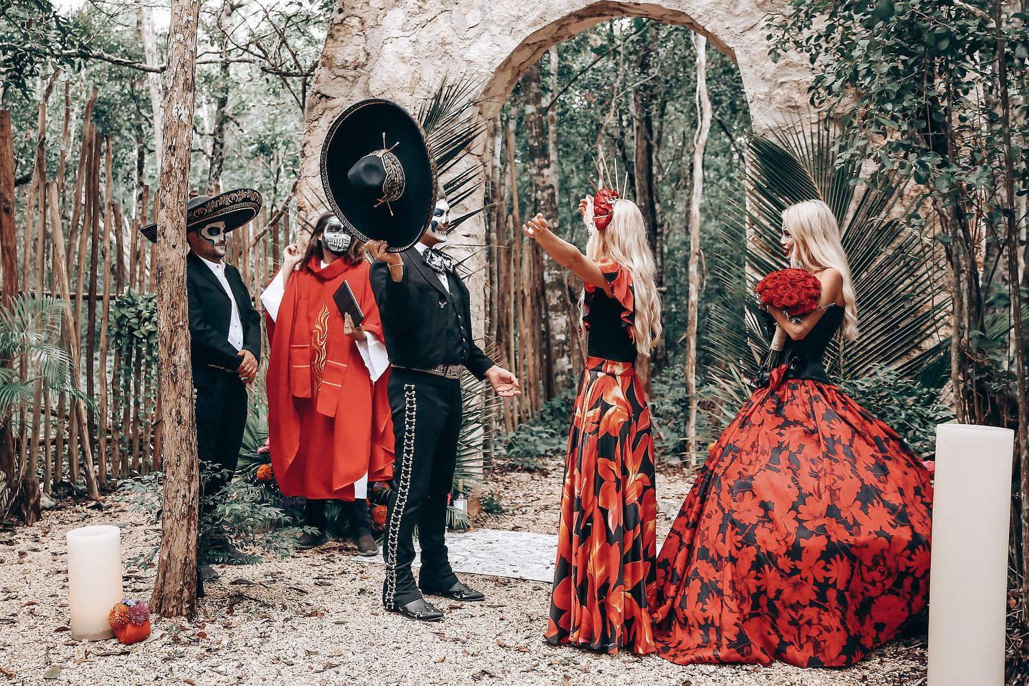 Sequence of dance poses against stone arches and trees with flowing red dress movements.