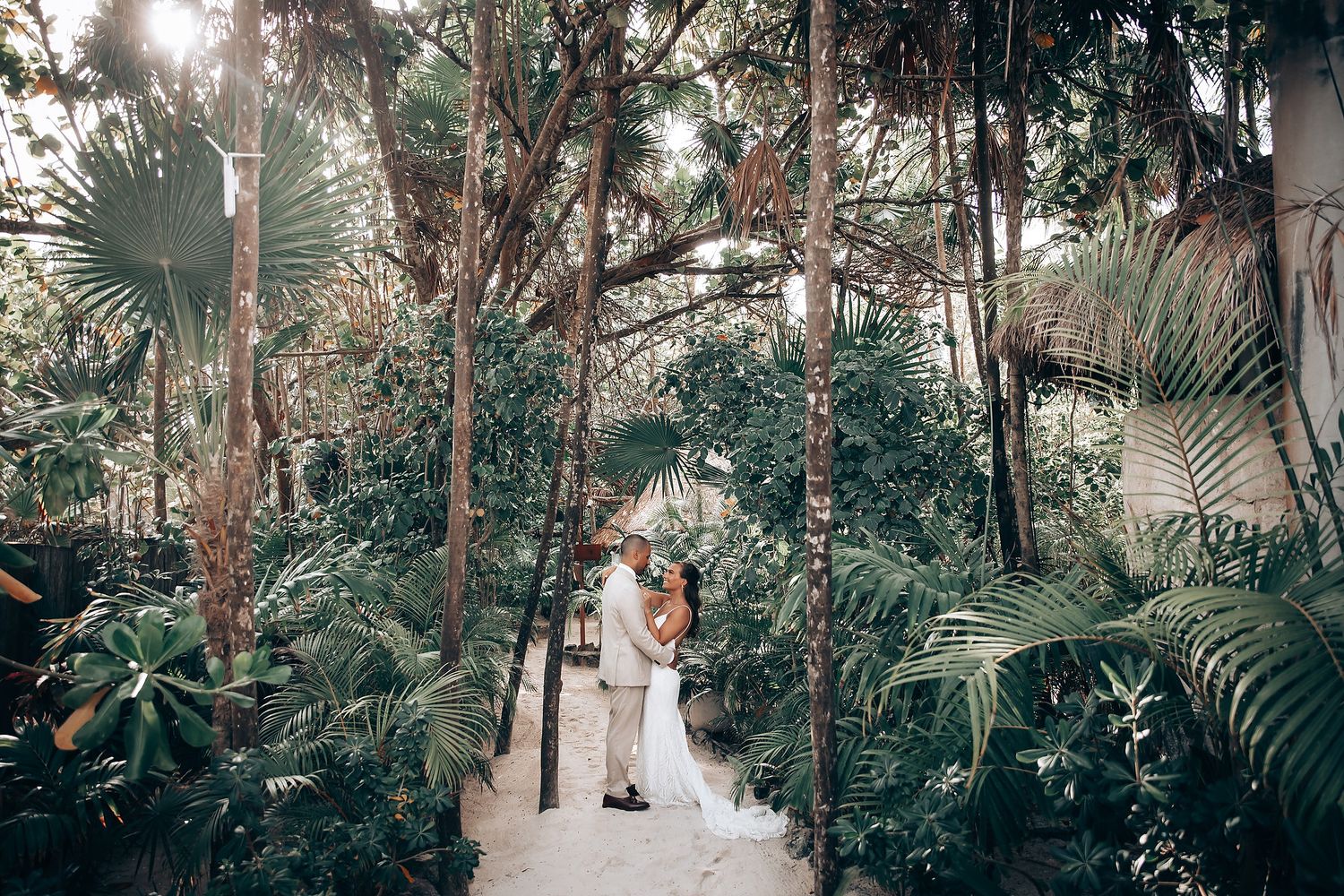 Wedding ceremony pathway through tropical garden with palm trees and natural lighting.
