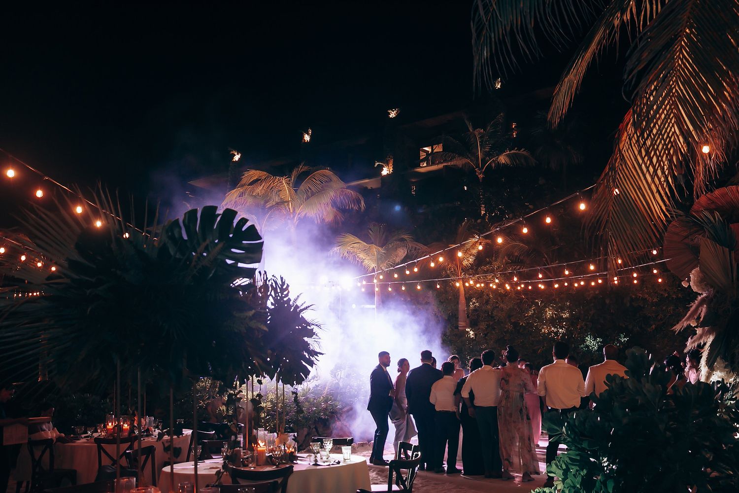 Wedding reception silhouettes against a backdrop of string lights and palm trees.