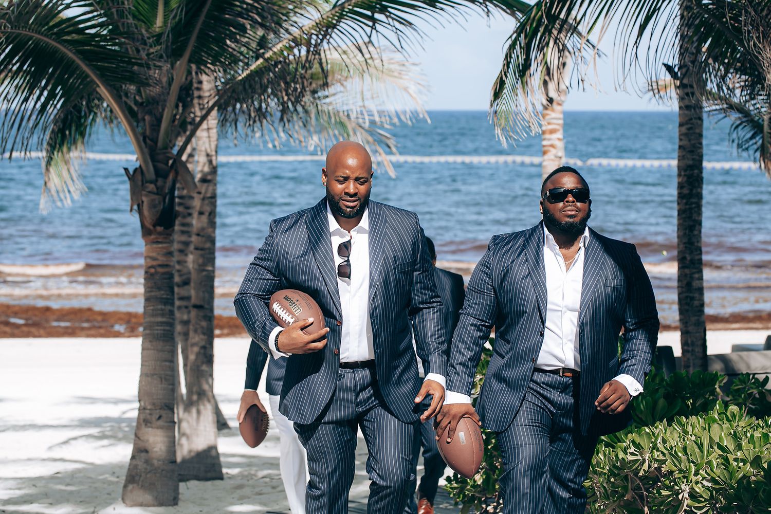 A collage of beachside photos with palm trees and people in formal attire enjoying the tropical scenery.