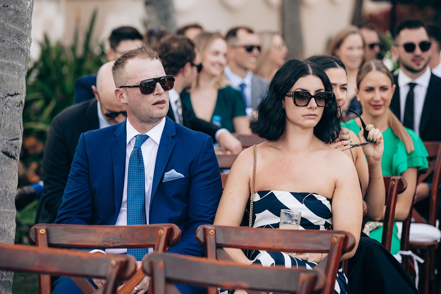 Wedding guests in formal attire seated outdoors at a ceremony with palm trees in the background.