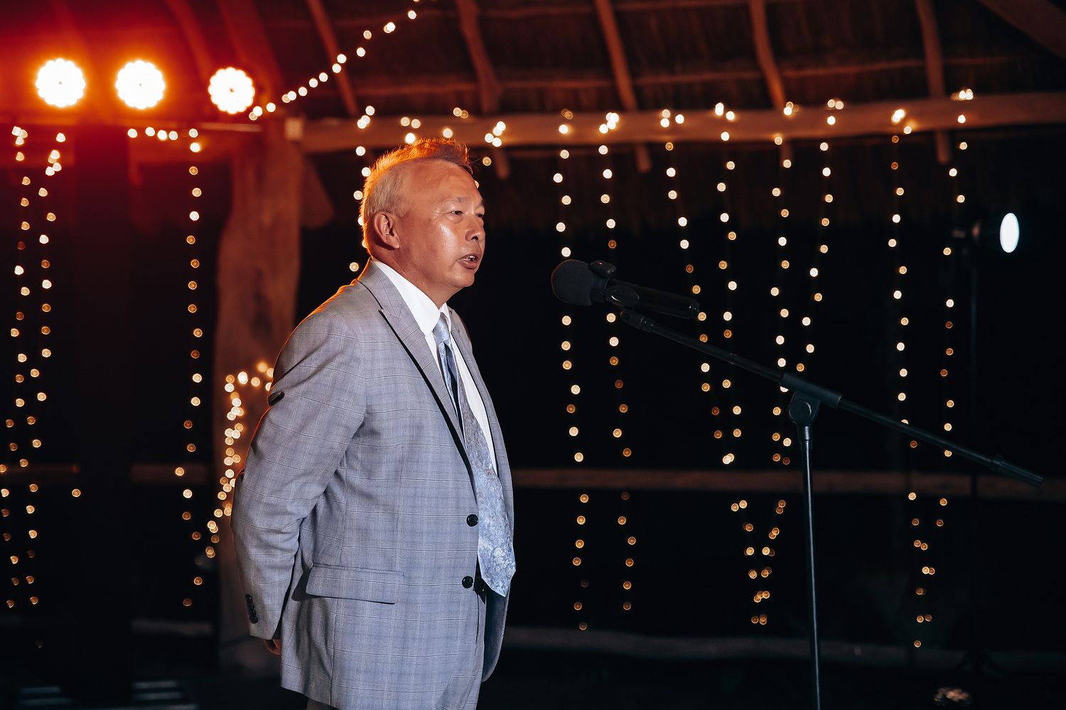 A person in a gray plaid suit stands on stage with string lights and red spotlights in the background.