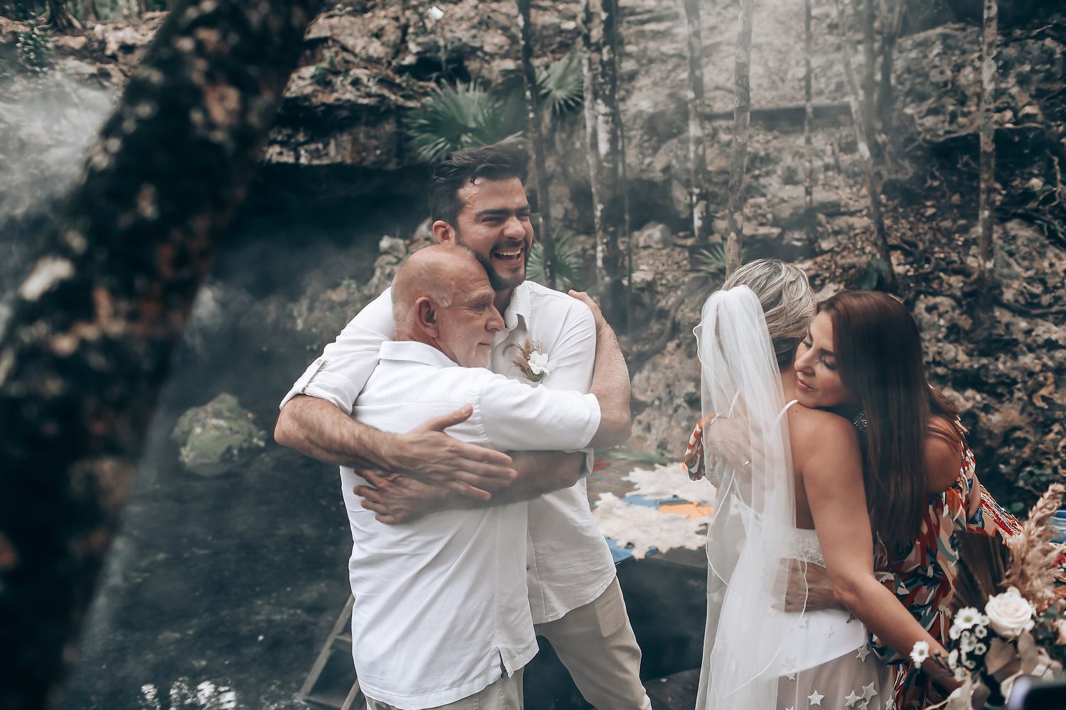 A romantic wedding couple shares intimate moments in a forest setting with multiple candid shots of their embrace.