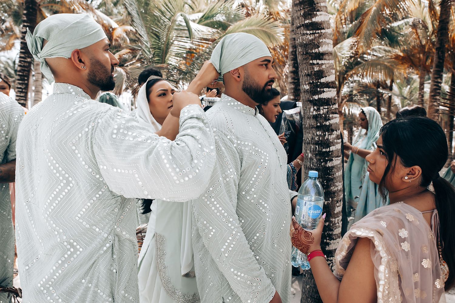 Wedding guests gathered under palm trees during an outdoor celebration.