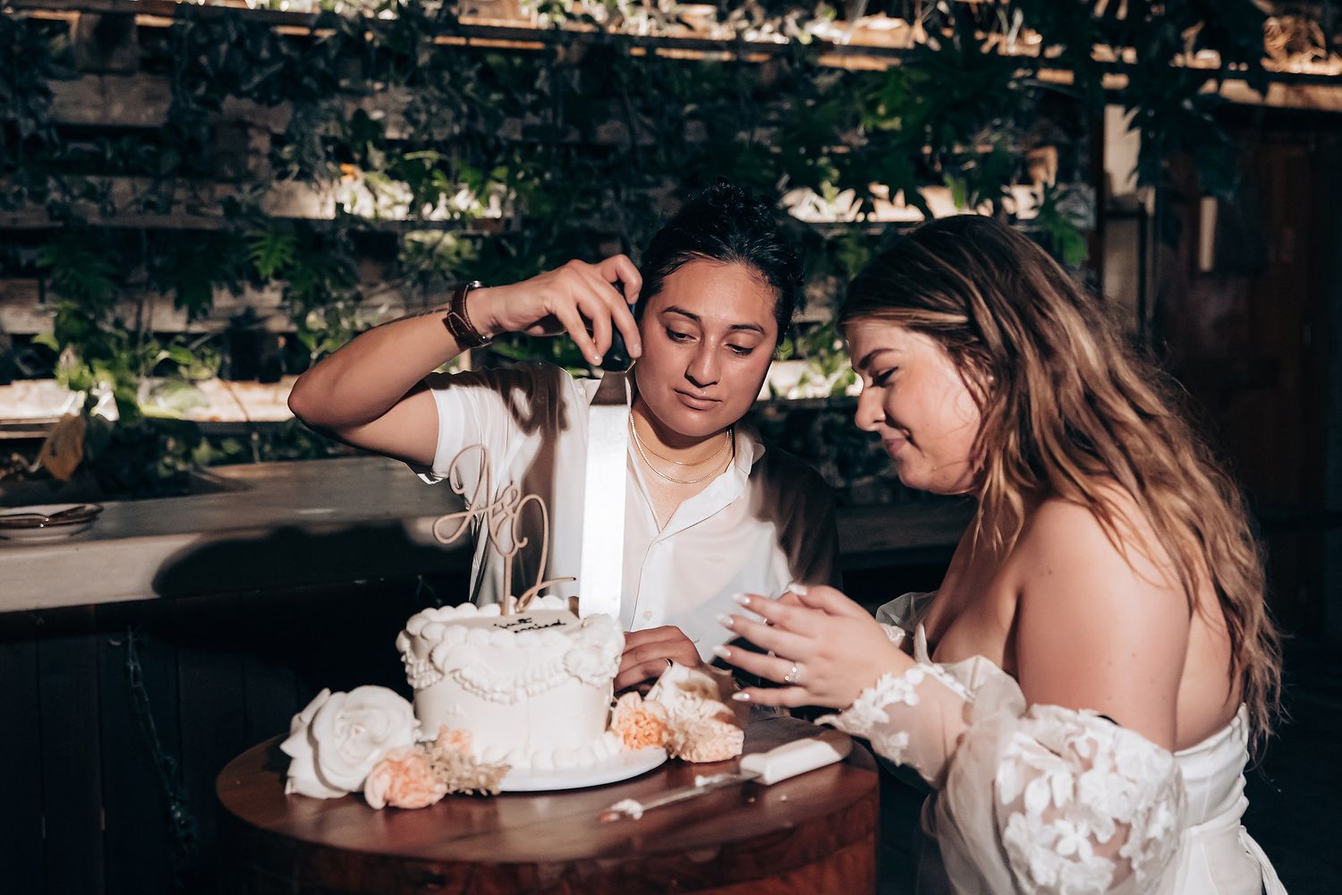 A series of candid wedding photos showing joyful moments between couples during a romantic outdoor celebration.
