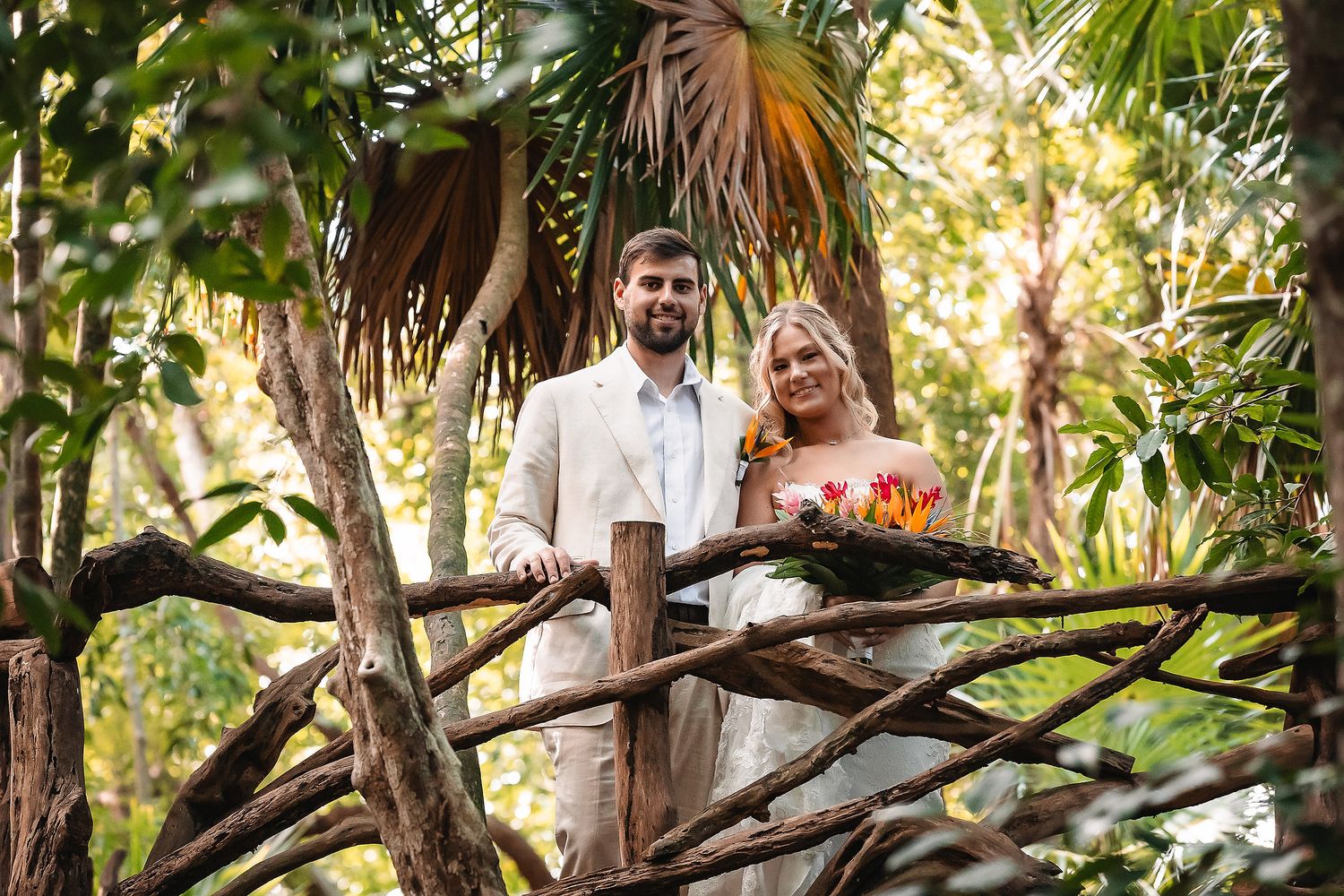 Wedding photography in a natural forest setting with sunlight filtering through trees.