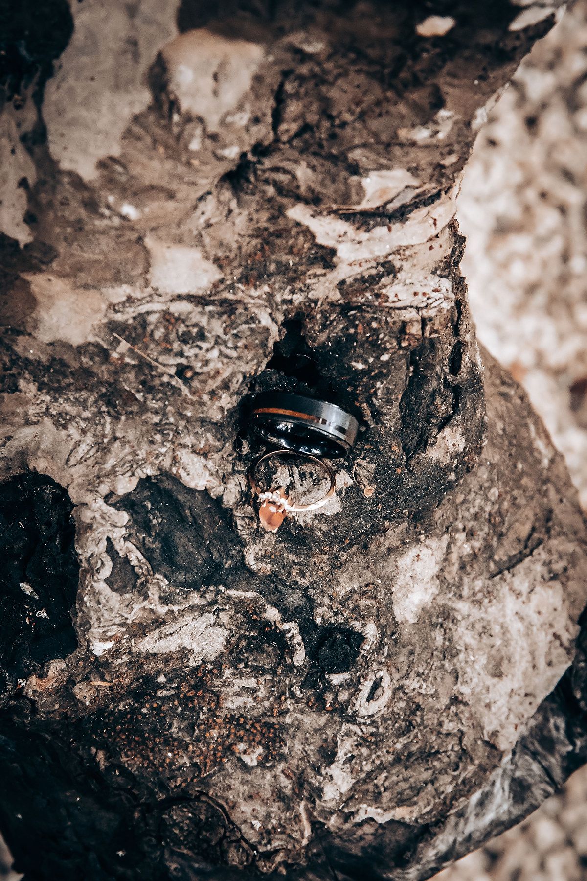 Close-up of a black wedding ring nestled in textured rock formation.