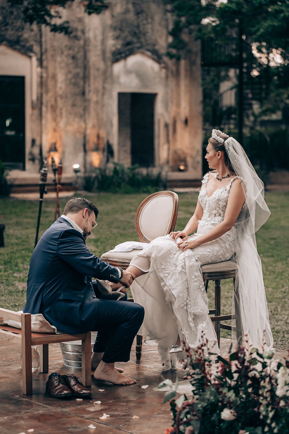 Romantic wedding moment captured in a series of photos showing couple sharing intimate moments on vintage wooden bench.