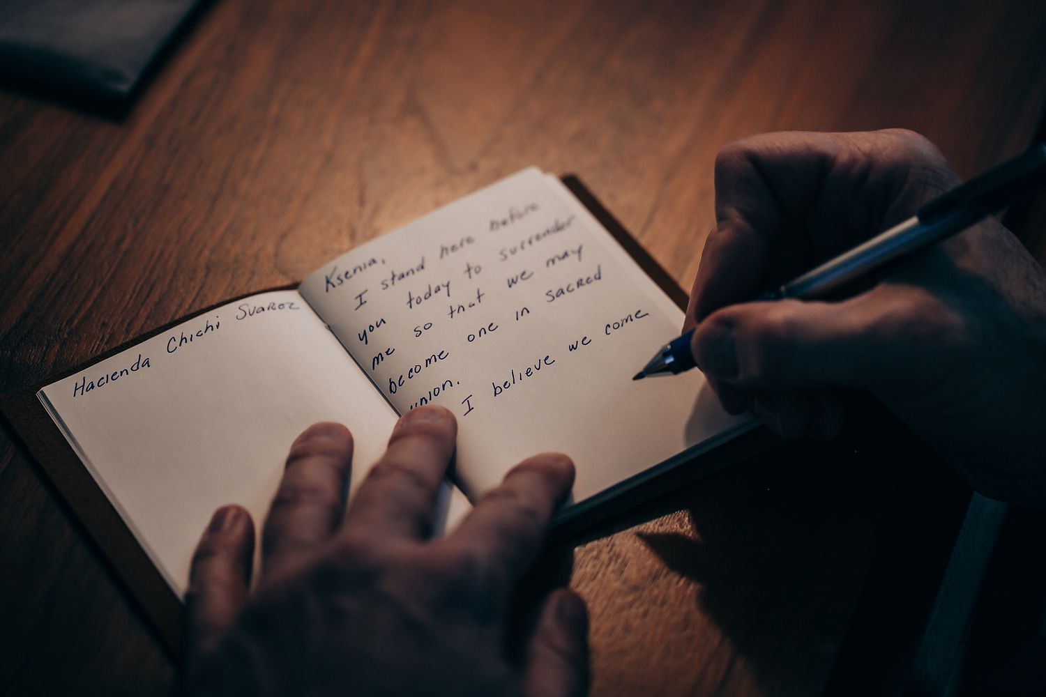 Hand writing with pen on paper in dim lighting showing closeup detail of handwritten text.