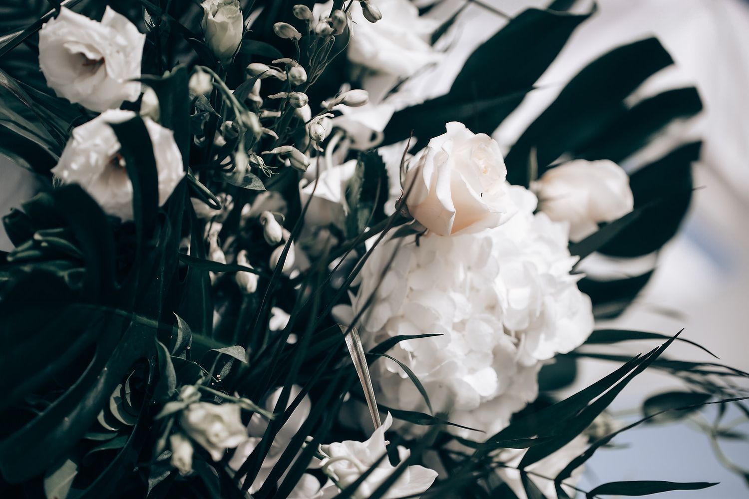 Artistic close-up of white roses and monstera leaves in a moody wedding arrangement.