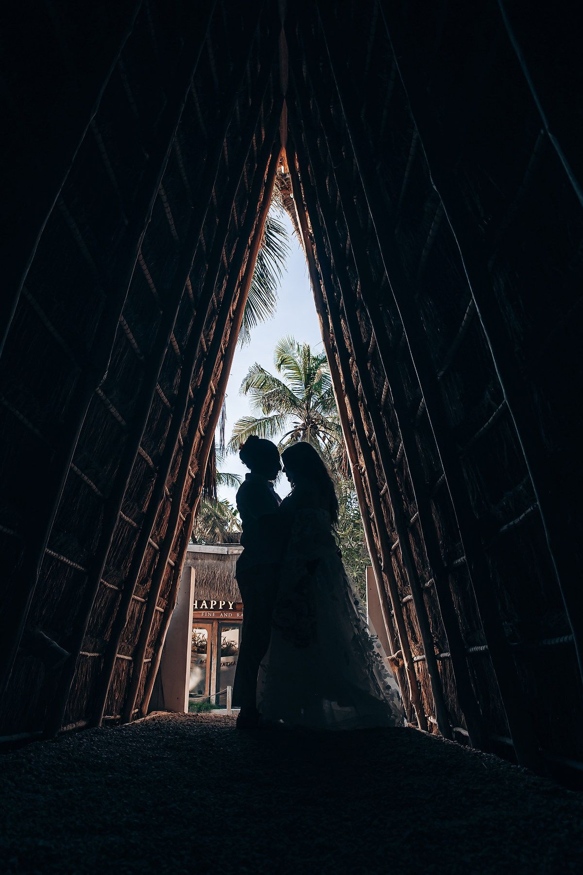 Silhouetted figures sit in a triangular window frame with palm trees visible in the bright background.