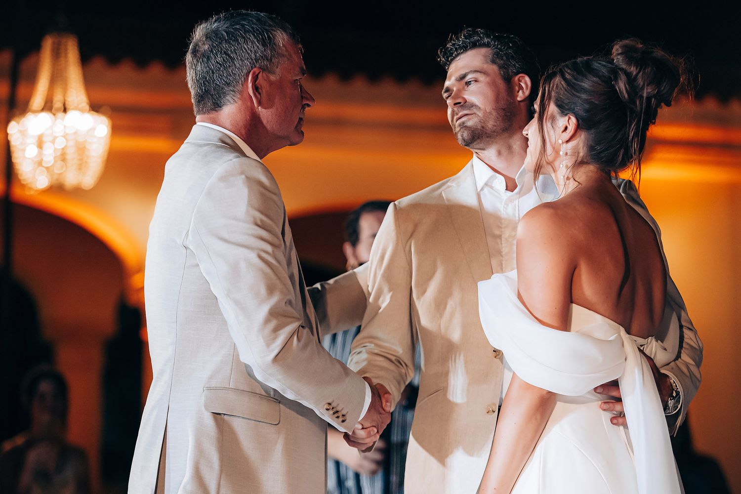 Romantic dance sequence showing tender moments between couple at evening reception.