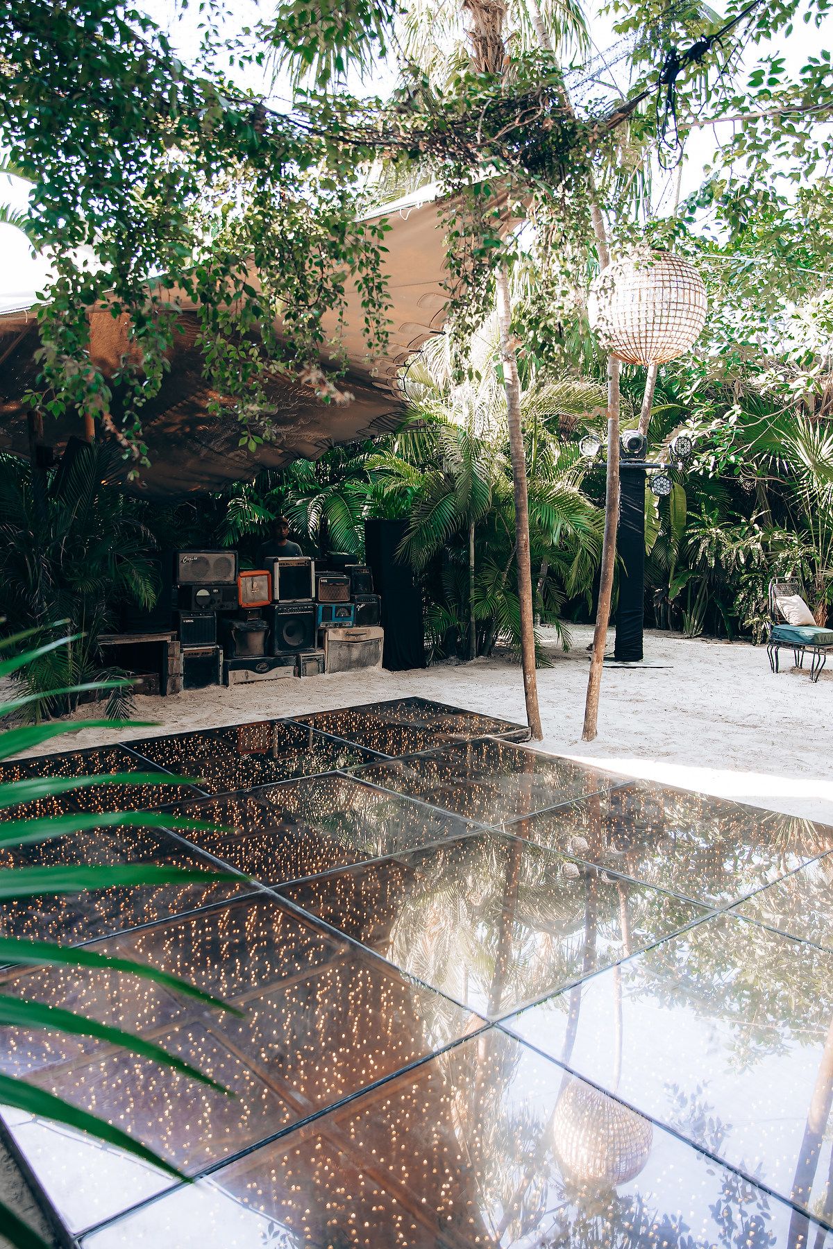Modern event space with reflective floor and tropical plants creating a natural canopy.