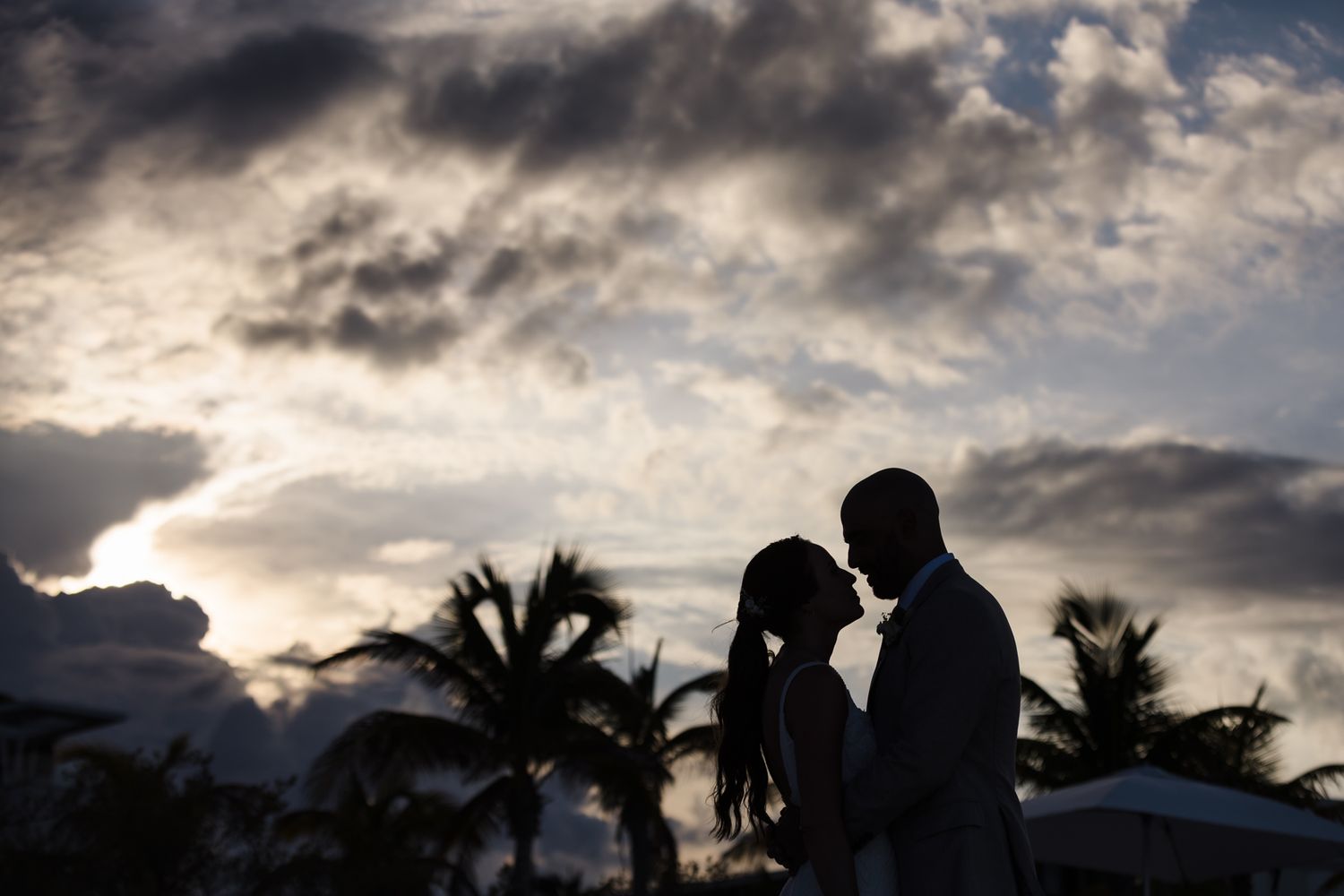 Romantic silhouette of a couple almost kissing at sunset with palm trees and dramatic clouds.