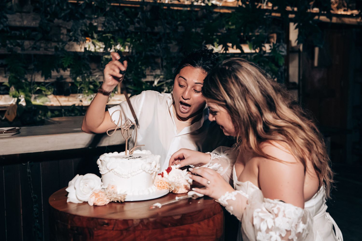 A series of candid moments captured at a wedding reception showing guests enjoying cake and desserts.