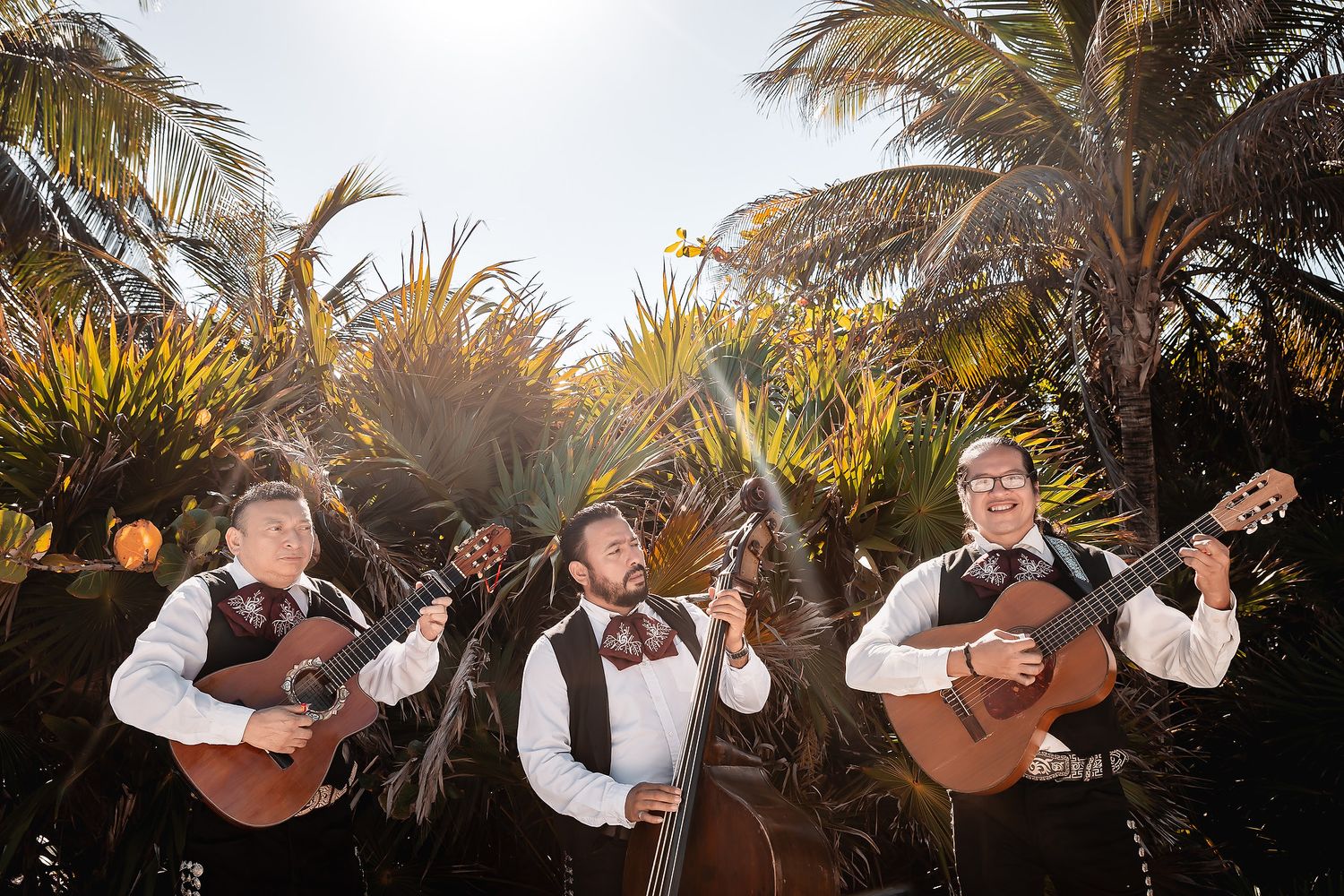 Palm trees sway against a golden sunset sky creating a tropical silhouette at a beach wedding venue.