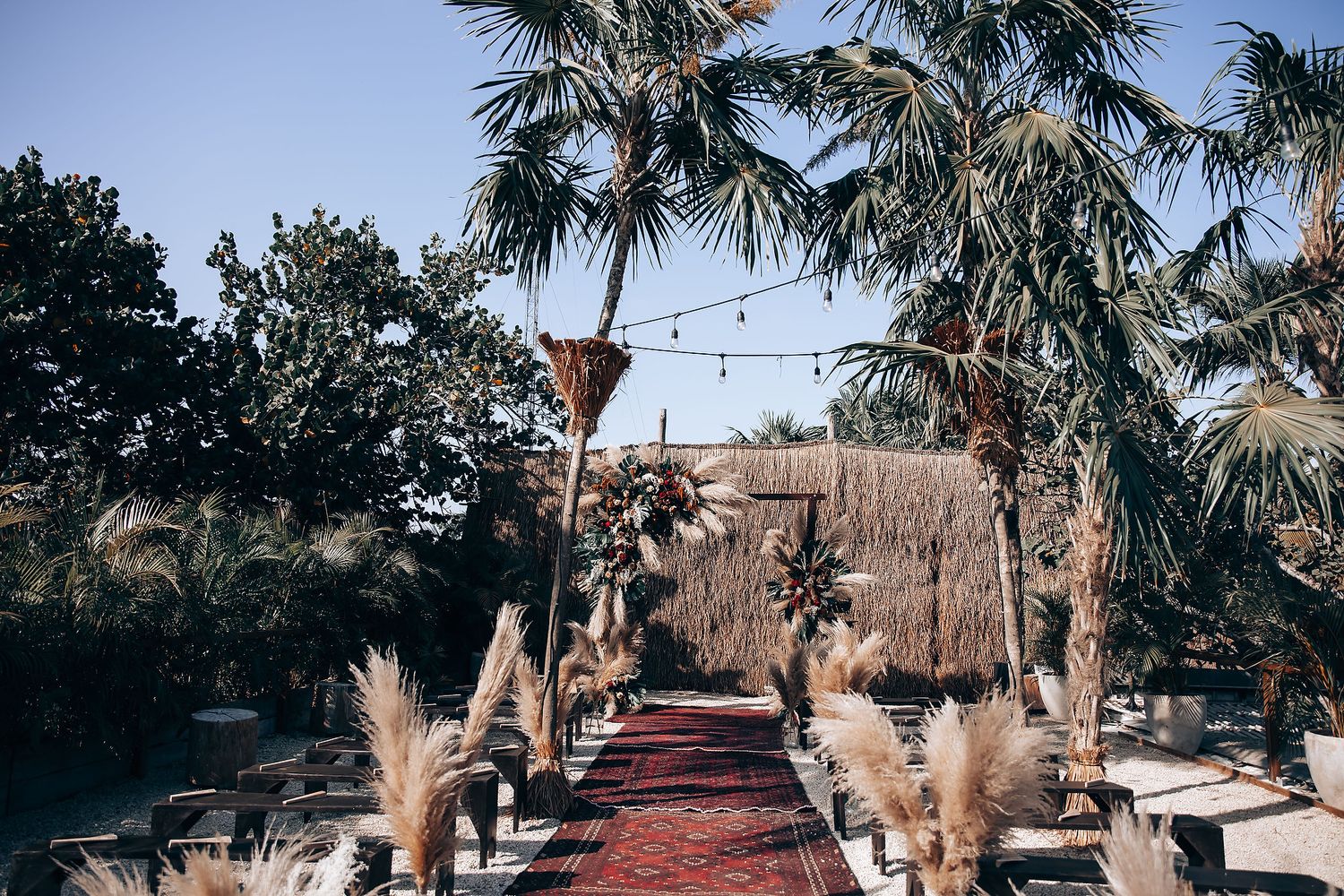 Wedding ceremony space with palm trees and string lights creating a natural tropical atmosphere.