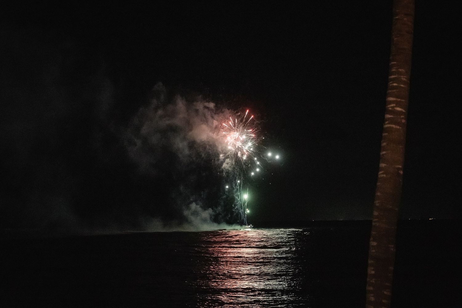 Fireworks illuminate the night sky over water during a wedding celebration.