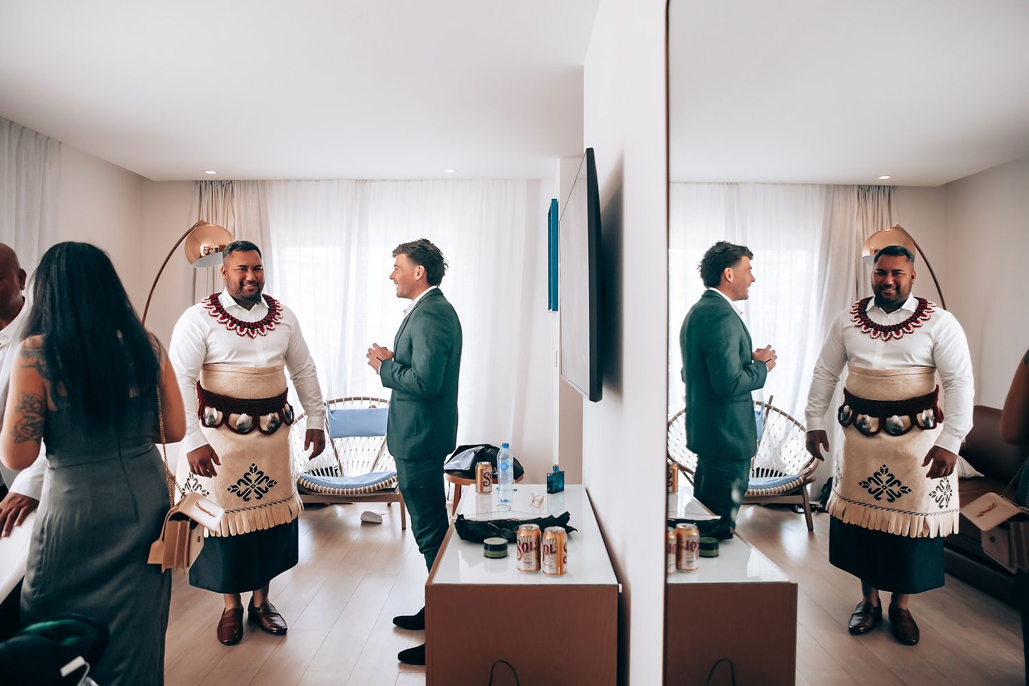 Series of candid getting-ready moments in a modern hotel room on wedding day.