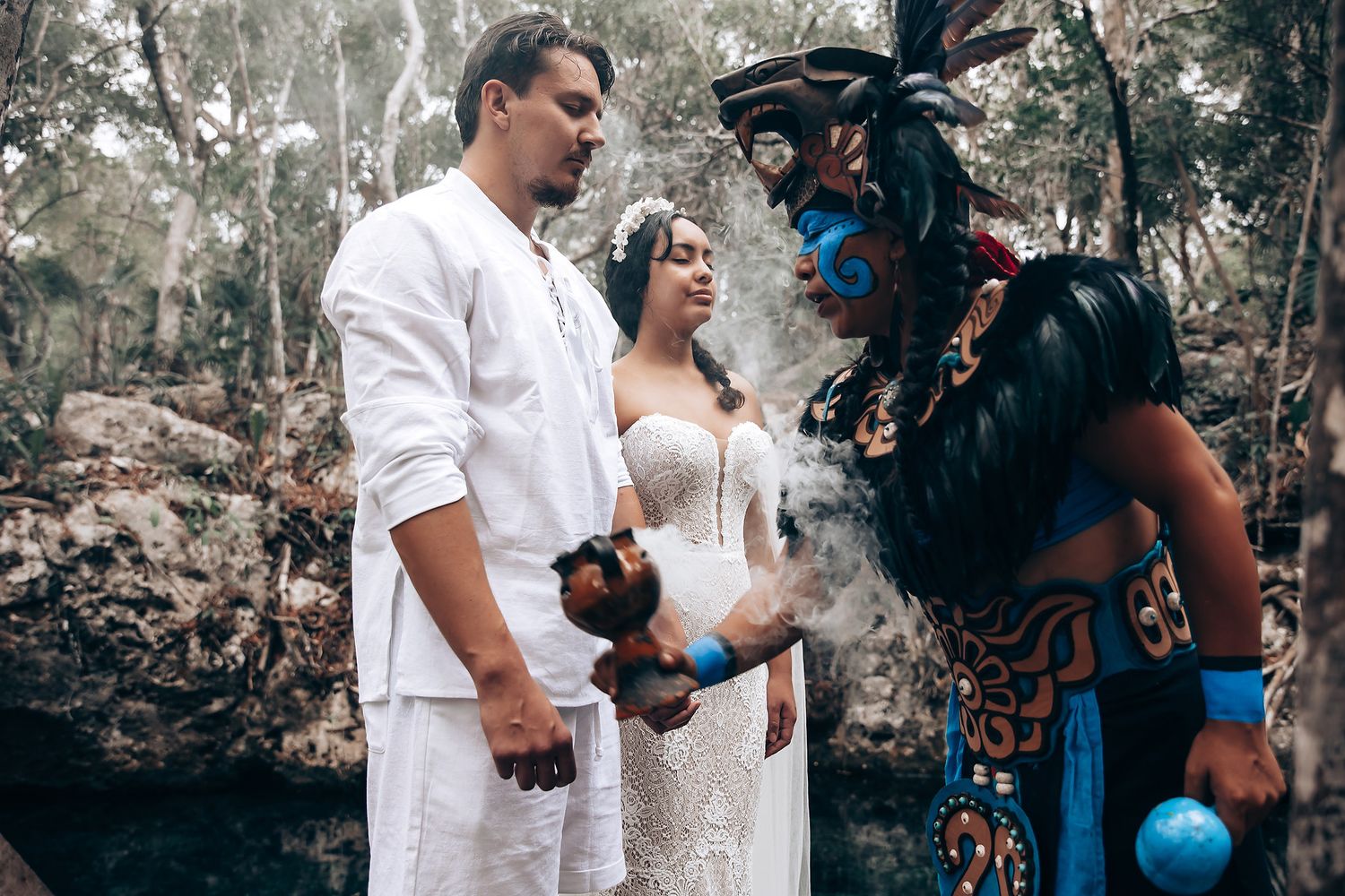 A wedding photoshoot sequence showing romantic moments between a couple in white attire against a natural outdoor backdrop.