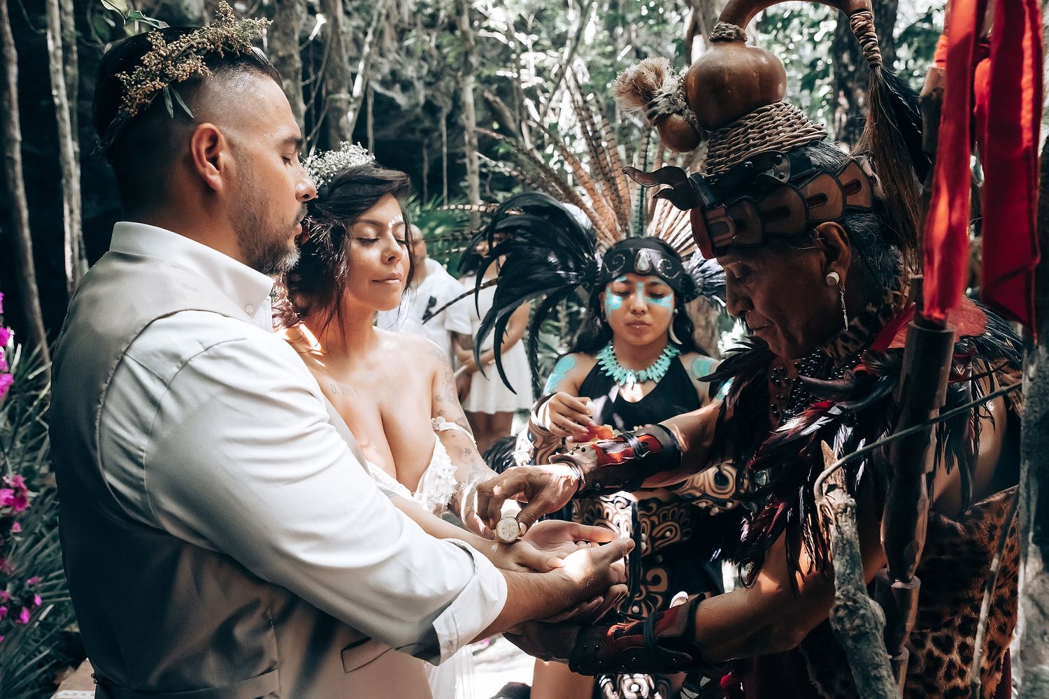 Forest wedding ceremony with traditional and modern elements blending together in natural setting.